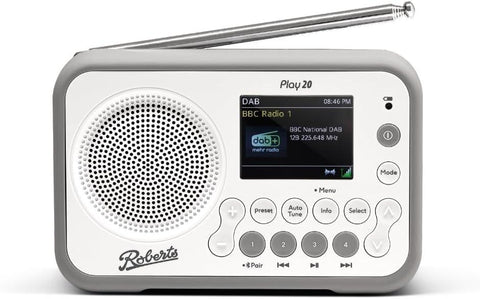 Roberts PLAY20 Compact and Portable DAB/DAB+/FM Digital Radio, Rubber-Protected White