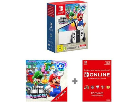 Nintendo Switch OLED White +Mario Wonder +12M Online pass - Fotosound Jersey LTD.