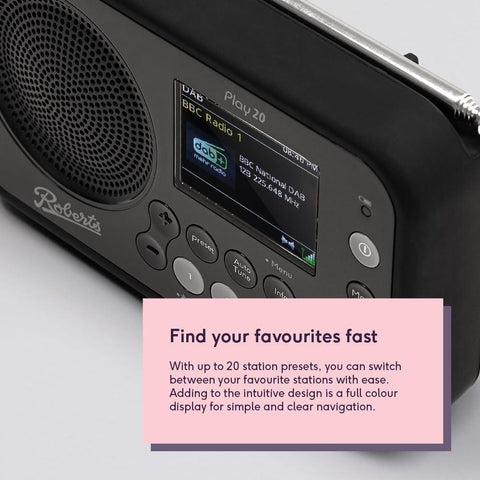 Roberts PLAY20 Compact and Portable DAB/DAB+/FM Digital Radio, Rubber - Protected - Fotosound Jersey LTD.