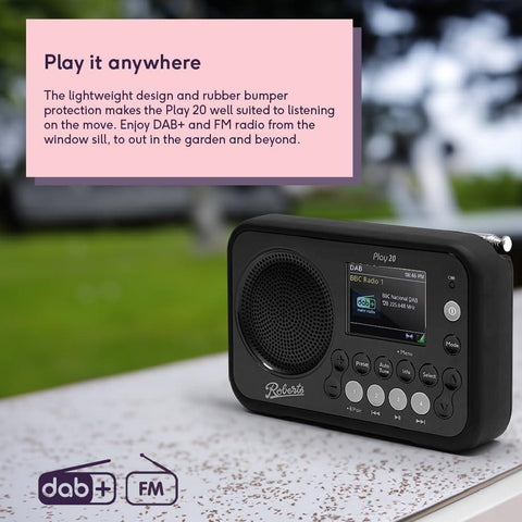 Roberts PLAY20 Compact and Portable DAB/DAB+/FM Digital Radio, Rubber - Protected - Fotosound Jersey LTD.