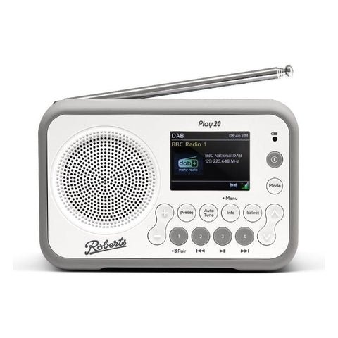 Roberts PLAY20 Compact and Portable DAB/DAB+/FM Digital Radio, Rubber - Protected White - Fotosound Jersey LTD.