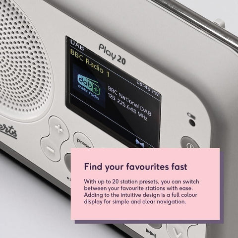 Roberts PLAY20 Compact and Portable DAB/DAB+/FM Digital Radio, Rubber - Protected White - Fotosound Jersey LTD.