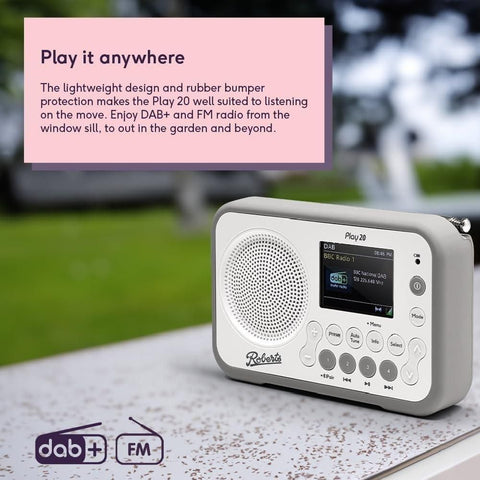 Roberts PLAY20 Compact and Portable DAB/DAB+/FM Digital Radio, Rubber - Protected White - Fotosound Jersey LTD.